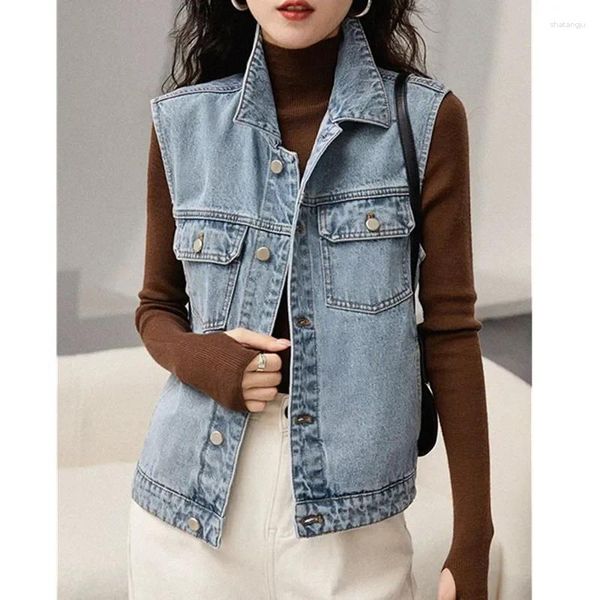 Vestes pour femmes Vintage Denim Veste Veste Femme 2024 Été Sans manches décontractées Top Blue Jean Waistcoat Lady Oversize Pocketwear