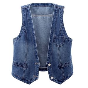 Femmes Gilets Vintage Denim Taille Veste Printemps Ultra Mince Sans Manches Manteau Débardeur Plus La Taille 6XL Unique Poitrine Solide Casual Top 230408