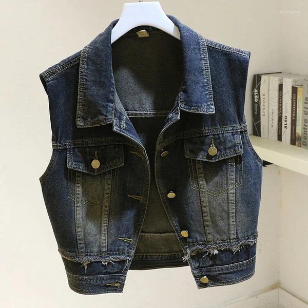 Gilets pour femmes Vintage Pocket Denim Gilet Femmes Gilet Bleu Foncé Cowboy Veste Sans Manches Manteau Coréen Slim Court Jeans Effiloché Femme