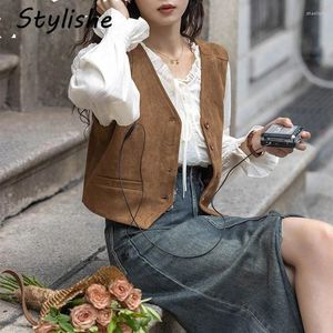 Damesvesten vintage vest dames lente zomer mode Koreaanse mouwloze bruine short tops jas vrouwelijk casual