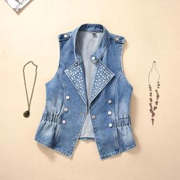 Gilets pour femmes Vintage Wash Blue Denim Gilet Femmes Gilet Rivet Costume Collier Taille Élastique Slim Cowboy Vestes Sans Manches Jeans Femme