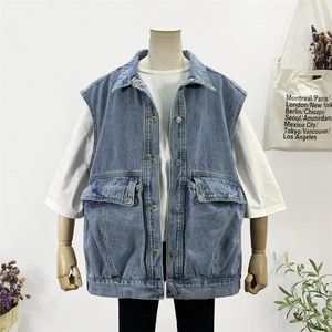 Gilets pour femmes Vintage lavé bleu denim gilet femmes lâche grande poche décontracté revers sans manches jeans veste femme printemps automne veste femme