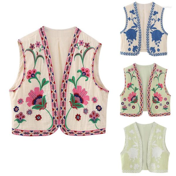 Chalecos de mujer, chaleco Vintage con bordado Floral para mujer, chaquetas de verano de estilo nacional, chaleco abierto, Tops cortos informales de retales con cuello en V para mujer