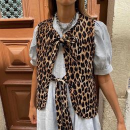 Gilet pour femmes vintage Y2K Leopard Imprime-gain à bowknot cravate avant sans manches en V Veste décontractée