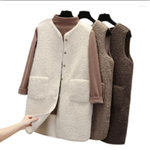 Damesvesten Waistcoat Dames Vest Coat Imitatie Wol Lang sectie 2022 Herfst-winter Losse warm vacht Een stuk jas met één borsten