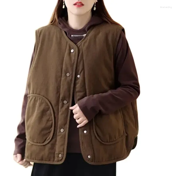 Gilets en coton pour femmes, vêtements des deux côtés, mode demi-ronde avec poches, hauts coréens, veste automne-hiver 2023
