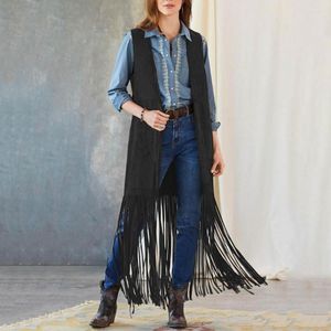 Damesvesten Western Frited Vest Open Stitch Waistcoat Stijlvolle Fringe Mouwess 70s Hippie Cardigan met patch voor cowboy