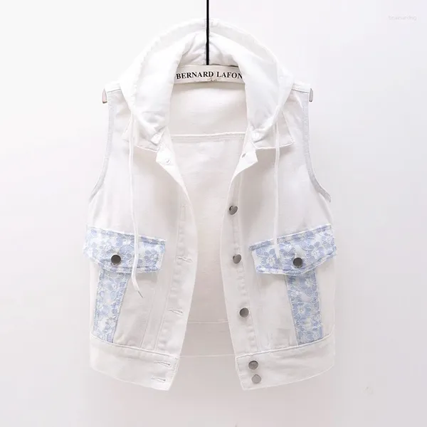 Gilets pour femmes Blanc Rose Dentelle Broderie Poche Denim Gilet Femmes Slim Court Cowboy Gilet Détachable À Capuche Sans Manches Jeans Veste