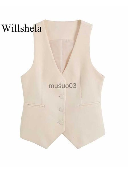 Vestes pour femmes Willshela Fashion Fashion avec des poches Single Breasted Sans mannequin Veste Vintage V-Neck Vest Femme Office Lady Wonstcoats HKD230812