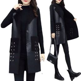 Coletes femininas inverno colete de couro preto roupas femininas pu jaqueta coreana sólida sem mangas colete médio longo casaco feminino colete outerwear 231204