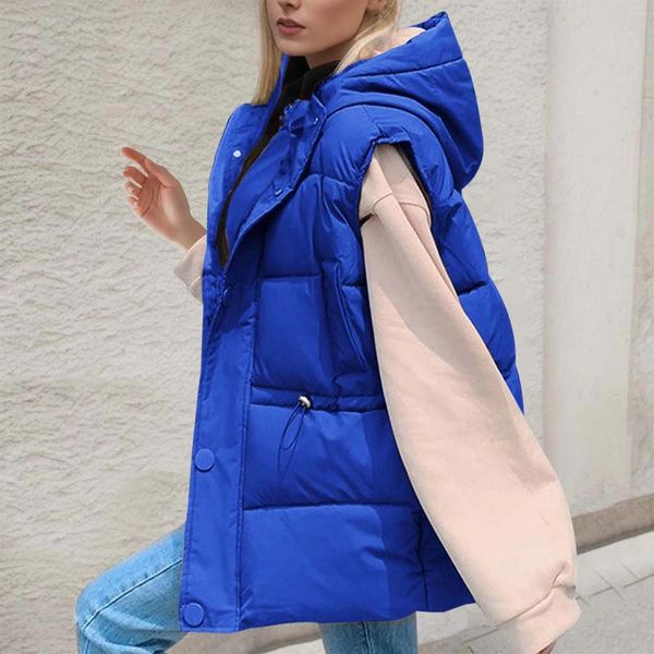 Chalecos de mujer Moda de invierno Royal Blue Sin mangas con capucha Chaleco de abajo Mujeres Otoño Plus Tamaño Espesado Cálido Abrigo Abrigo Acolchado Puffer Chaqueta