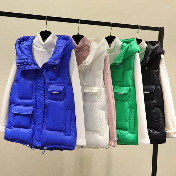 Gilets pour femmes Version coréenne d'hiver de coton brillant sans lavage, gilet court à capuche épais pour femme