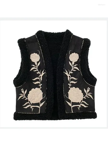 Gilets pour femmes hiver agneaux fourrure femmes gilet broderie en peau de mouton veste sans manches dames manteau chaud cardigan décontracté