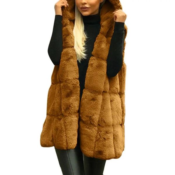 Gilets pour femmes hiver épais gilet veste fausse fourrure décontracté couleur unie à capuche gilet long tricot surdimensionné femmes veste gilet 231204