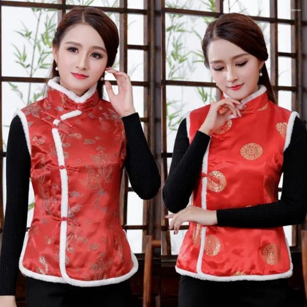 Gilets pour femmes Hiver Femmes Année Gilet Traditionnel Chinois Style Peluche Noeud Manteau Rétro Résistant Au Froid Collier Dames Gilet Pour Quotidien