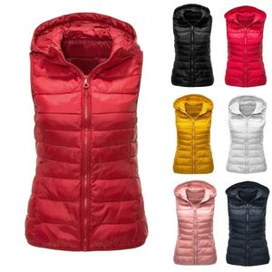 Gilets pour femmes hiver femmes vêtements d'extérieur à capuche vestes sans manches coton rembourré chaud couleur Pure manteau 231018