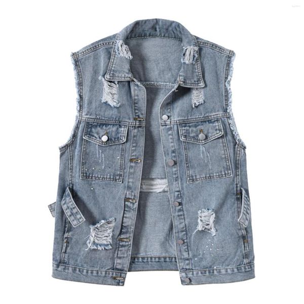 Gilets pour femmes Femme Casual Denim Gilet Tops Mode Moyen Long Manteau Turn Down Collier Sans Manches Veste Ripped Bouton Manteaux Femme