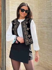 Gilets pour femmes Femme Sequin brodé velours gilet hauts mode Vintage sans manches col rond noir gilets printemps casual mince rue dame haut 230927