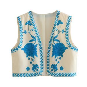 Dames Vesten Dames 2023 Mode Y2K Bloemenprint Crop Vest Jas Vintage Retro Nationale Stijl Vrouwelijke Chique Dame Vest Roze En Blauw