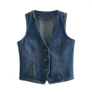 Chalecos de mujer Mujeres 2024 Moda con botones de metal Tweed Recortado Chaleco de vaquero Vintage Sin mangas Elástico Dobladillo Chaleco femenino Chic Tops