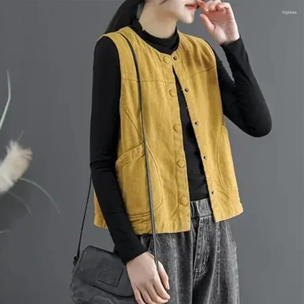 Chalecos de mujer Mujeres 2024 Primavera Suelto Sólido Bolsillo Chaleco Corto Moda Vintage Sin mangas Cardigan Amarillo Negro OuterWear Mujer