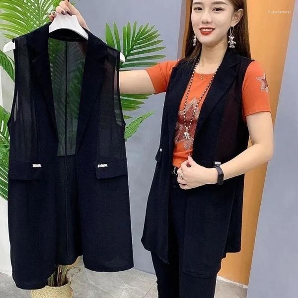 Gilets femme manteau femme grande taille en mousseline de soie gilet été mode coréenne sans manches cardigan longue lâche mince noir veste gilet Q162