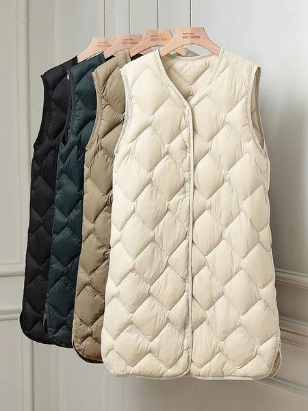 Chalecos de mujer Mujeres Otoño Down 2024 Ultraligero 90% Chaquetas largas de pato blanco Sin cuello Puffer Liner Chalecos de invierno portátiles