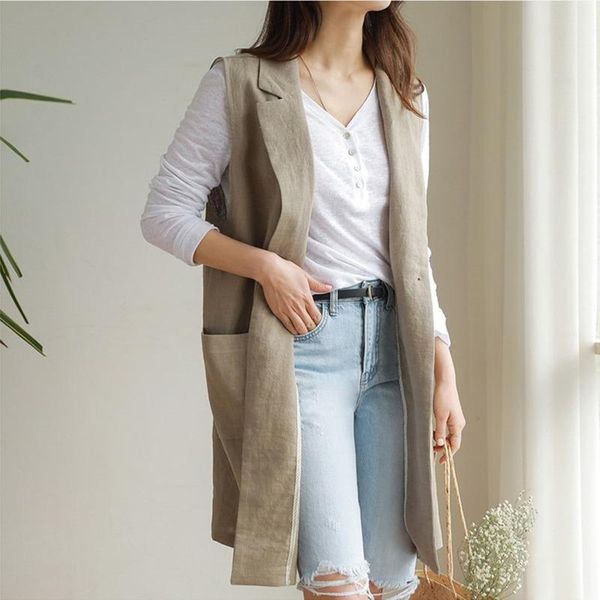 Chalecos de mujer Mujeres Otoño Primavera Sin mangas Blazer Chaleco Lino Abrigo largo M-2XL Un solo pecho suelto Chaleco simple Chaqueta Blanco 2022 Fema