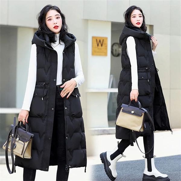 Gilets Femmes Femmes Noir À Capuchon Long Parkas Gilet 2024 Coréen Hiver Sans Manches Gilets Chaud Fermeture À Glissière Vêtements Manteaux Parka Survêtement