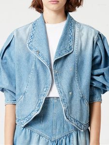 Gilets pour femmes Femmes Blue Washed Denim Jacket Puff Sleeve Turn-Down Collier Mode All-Match Manteau court Printemps 2022