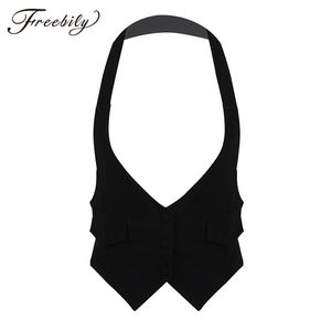 Gilets pour femmes Femmes Casual Solide Halter Neck Short Costume Gilet Dos Nu avec Ceinture Selftie au Dos Boutonné Gilet Entièrement Doublé Gilet 220827