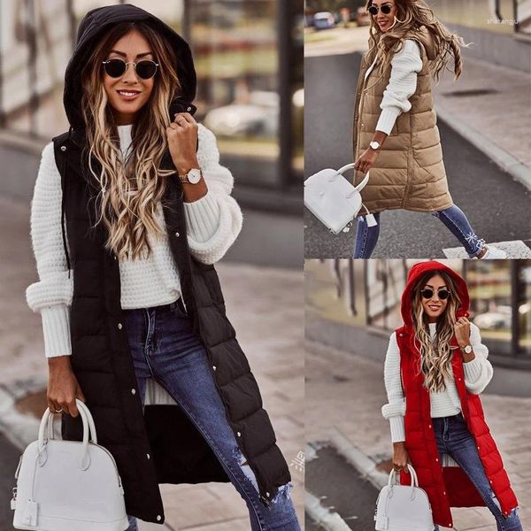 Gilets pour femmes femmes coton gilet hiver automne 2024 femme gilet sans manches à capuche chaud long manteau solide avec fermeture éclair