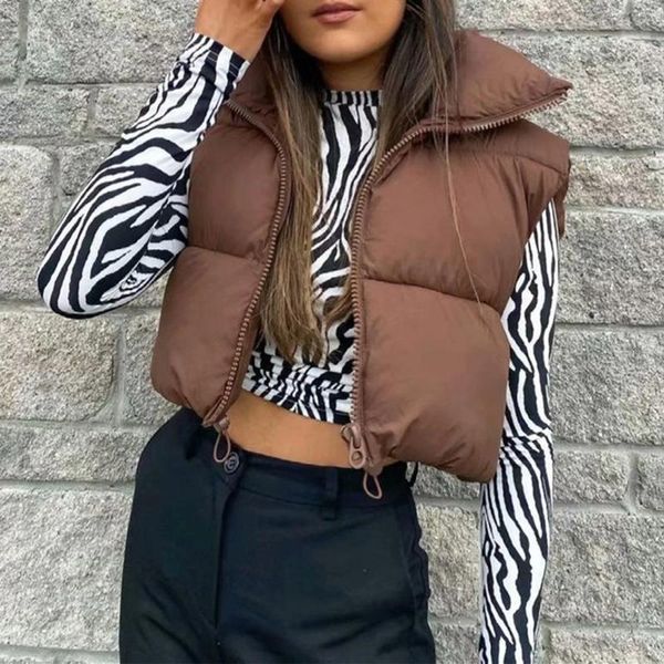 Gilets pour femmes Femmes recadrée gilet col roulé décontracté bouffant chaud coton vers le bas gilet sans manches veste chic femme gilet d'hiver