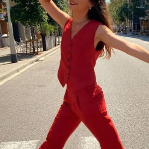 Gilets femmes femmes élégant rouge Streetwear sans manches gilet court femme Vintage mince col en v simple boutonnage gilet décontracté