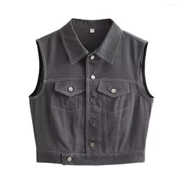 Gilets pour femmes femmes mode gris solide revers gilet simple boutonnage poches avant sans manches décontracté femme femme court débardeurs hauts