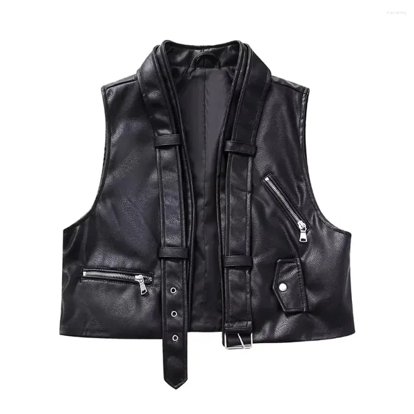 Gilets pour femmes Femmes Faux Cuir Biker Gilet Noir Sans manches Type ouvert Crop Automne en vêtements d'extérieur Mode Gilet décontracté