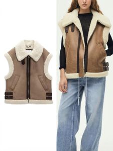 Gilets pour femmes Femmes Faux Daim Double Face Gilet Veste Col À Revers Zip Faux Shearling Chaud Gilet Sans Manches Manteau Automne Hiver Vêtements De Dessus Pour Femmes 231204