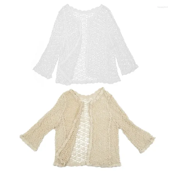 Chalecos de mujer Mujeres Flare Manga larga Shrug Cardigan Hollow Out Crochet Punto Abierto Frente Sheer Lace Cover Up Suéter Suelto Outwear