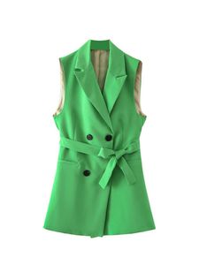 Femmes gilets femmes vert Long gilet 2023 Chic printemps Double boutonnage ceintures Blazer veste bureau dames col tailleur costume gilet femmes '