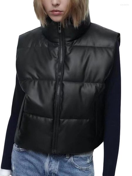 Chalecos de mujer Chaleco de cuero de imitación de PU para mujer Chaleco acolchado sin mangas Chaqueta de plumón de cuello alto con cremallera Chaleco acolchado de invierno Prendas de vestir Tops