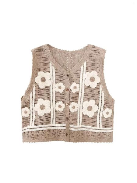 Chalecos para mujer Mujeres S Bohemio Estampado floral Sin mangas Con cuello en v Botón de punto Chaleco Verano Casual Crochet Tank Top Chaleco Streetwear