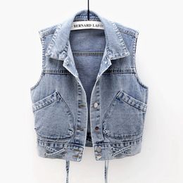 Gilets femme Gilet en jean femme bleu veste femme sans manches veste en jean ultra-mince coréenne short simple boutonnage gilet surdimensionné été HOWDFEO 230403