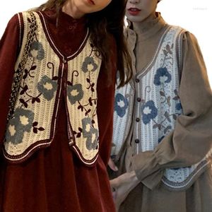 Damesvesten dames m7dd Koreaanse stijl dames haak gebreide crop top vest retro bloemen borduurwerk mouwloze vest -jasknop