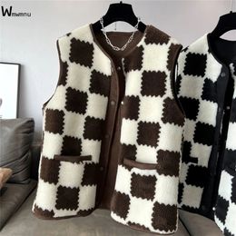 Damesvesten dames tanktop casaco teddy mouwloze jas Koreaanse jas herfst winterjas alarge 4xl zwart en witte geruite kunstmatige schapenvachttank top 230408