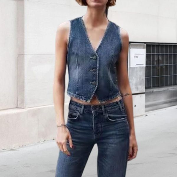 Chalecos de mujer Mujeres Sexy Denim Chaleco Casual Profundo Cuello en V Slim Fit Single Breasted Moda Color Sólido Chaleco Streetwear