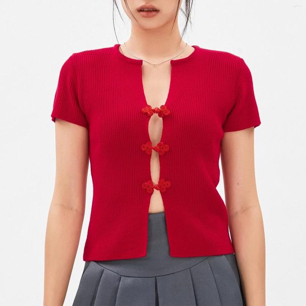 Gilets pour femmes Femmes Manches courtes Tops en tricot Tees Y2K Col V Ouvert Découpe Slim Fit Chemises Sortie Streetwear