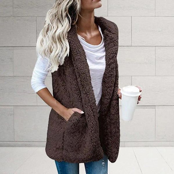 Gilets pour femmes Femmes Costume Gilet Solide Couleur Poches Lady Cardigan Automne Hiver Double Face Manteau Moelleux Pour Un Usage Quotidien