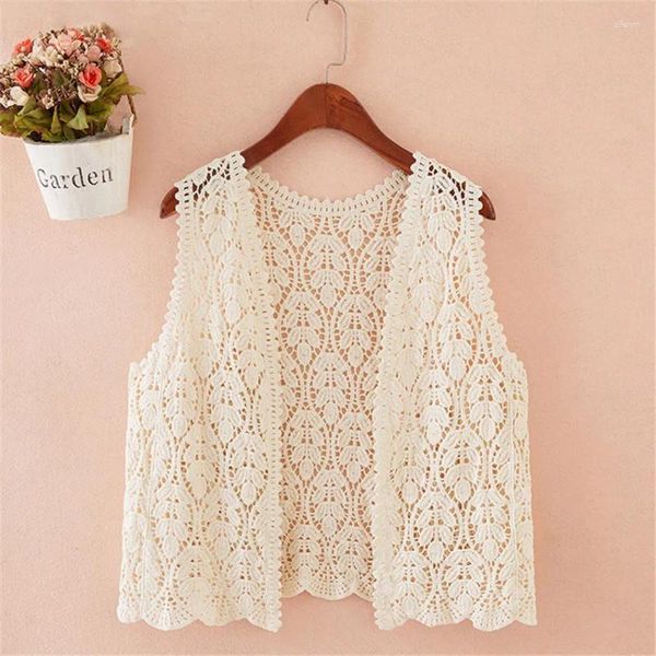 Gilets pour femmes Femmes Gilet d'été Veste sans manches Boho Ethnique Creux Tops en dentelle Crochet Cardigan Gilet court Vêtements d'extérieur