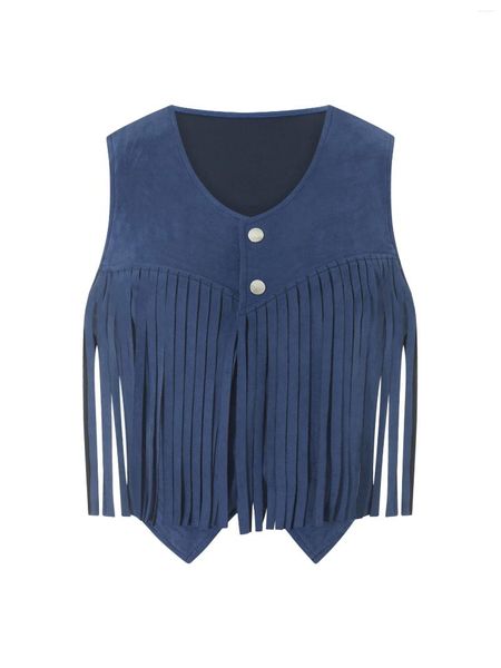 Chalecos de mujer Mujeres Borla Sin mangas Botón Down Chaleco V Cuello Fringe Trim Suede Tank Tops Vintage Color Sólido Hippie Crop Jacket