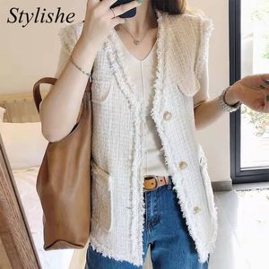 Damesvesten vrouwen tweed Vest witte franjes vringed v nek zwarte vrouwen vest Koreaanse stijl losse mouwloze vrouwelijke jassen lente zomer vintage 230328